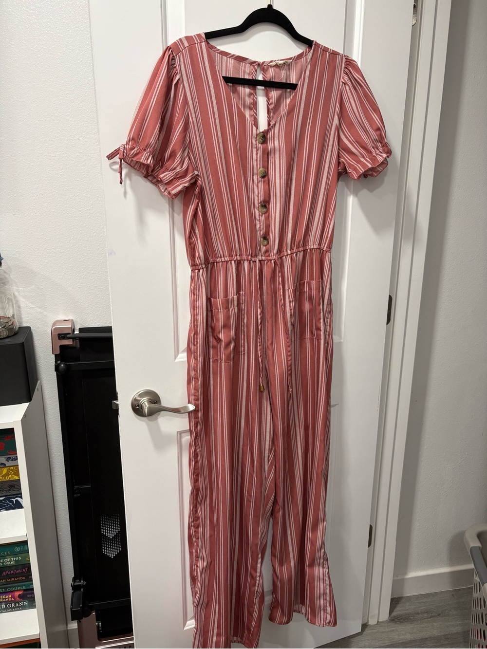 indulge Pink Striped Button-Front Jumpsuit